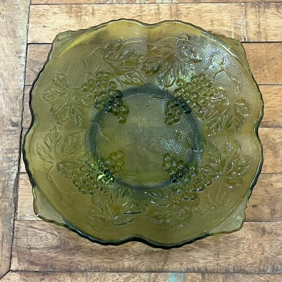 Vintage Square Green Glass Serving Dish Bowl Grapes & Leaves - Picture 4 of 8